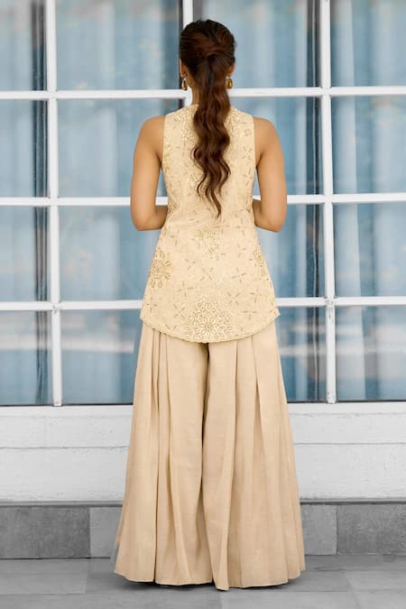 SHASHA GABA Hand Embellished Gold Jacket Sharara Set 