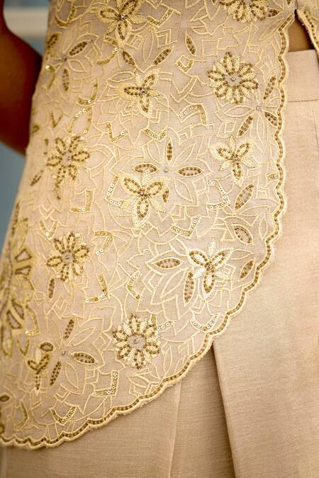 SHASHA GABA_Gold Tissue Embroidery V-neck Hand Embellished Jacket Sharara Set _at_Aza_Fashions