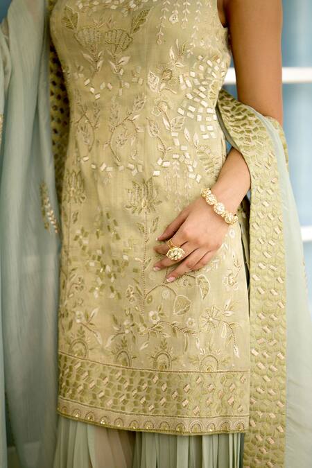 SHASHA GABA_Green Tissue Embroidery Round Neck Hand Embellished Kurta Sharara Set _Online_at_Aza_Fashions