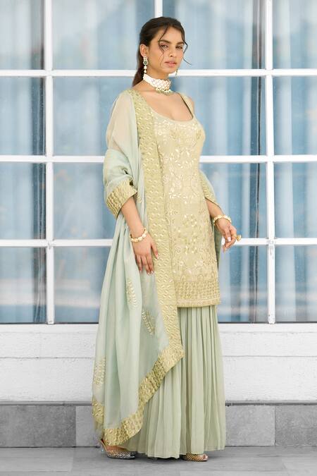 Shop_SHASHA GABA_Green Tissue Embroidery Round Neck Hand Embellished Kurta Sharara Set _Online_at_Aza_Fashions