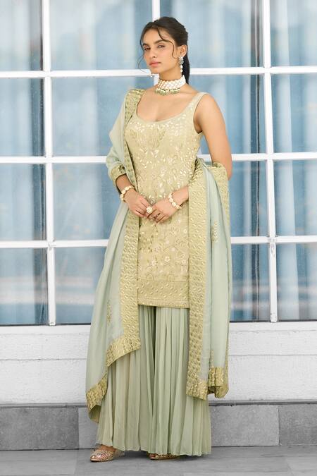 SHASHA GABA_Green Tissue Embroidery Round Neck Hand Embellished Kurta Sharara Set _at_Aza_Fashions