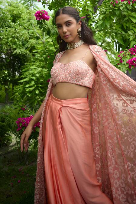 SHASHA GABA Peach Satin, Net Embroidery Open , Sweetheart Cape And Dhoti Skirt Set Online at Aza Fashions SHASHA GABA_Peach Satin, Net Embroidery Open , Sweetheart Cape And Dhoti Skirt Set _Online_at_Aza_Fashions
