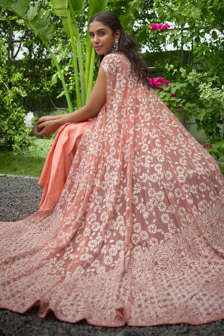 Buy SHASHA GABA Peach Satin, Net Embroidery Open , Sweetheart Cape And Dhoti Skirt Set Buy_SHASHA GABA_Peach Satin, Net Embroidery Open , Sweetheart Cape And Dhoti Skirt Set