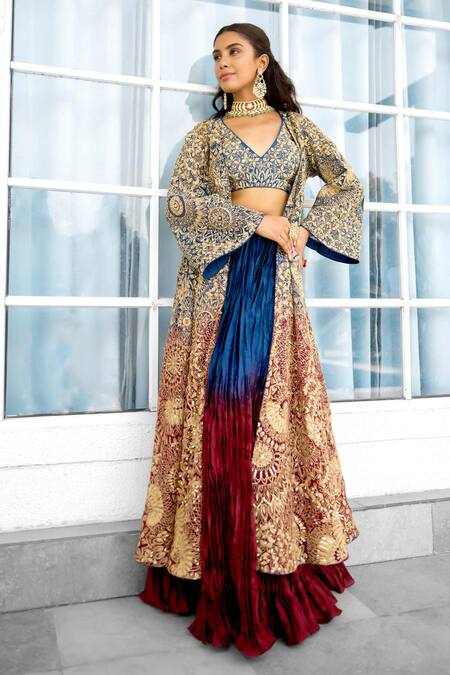 SHASHA GABA Blue Net Sequins, Embroidery Round Neck, Ombre Cape And Lehenga Set Online at Aza Fashions SHASHA GABA_Blue Net Sequins, Embroidery Round Neck, Ombre Cape And Lehenga Set _Online_at_Aza_Fashions