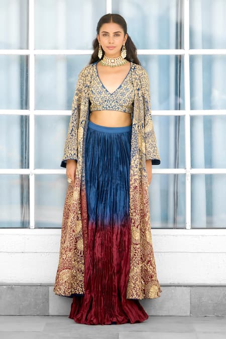 Buy SHASHA GABA Blue Net Sequins, Embroidery Round Neck, Ombre Cape And Lehenga Set Online at Aza Fashions Buy_SHASHA GABA_Blue Net Sequins, Embroidery Round Neck, Ombre Cape And Lehenga Set _Online_at_Aza_Fashions