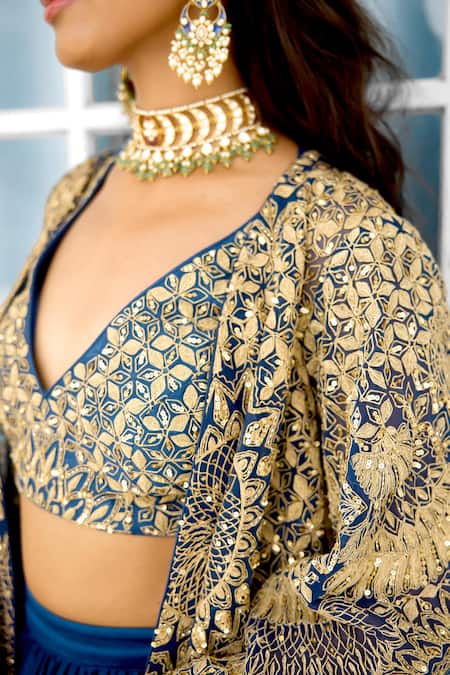 Shop SHASHA GABA Blue Net Sequins, Embroidery Round Neck, Ombre Cape And Lehenga Set Online at Aza Fashions Shop_SHASHA GABA_Blue Net Sequins, Embroidery Round Neck, Ombre Cape And Lehenga Set _Online_at_Aza_Fashions