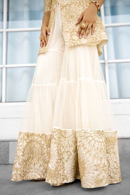 SHASHA GABA_Gold Tissue, Net Embroidery V-neck Ivory Kurta With Sharara _at_Aza_Fashions
