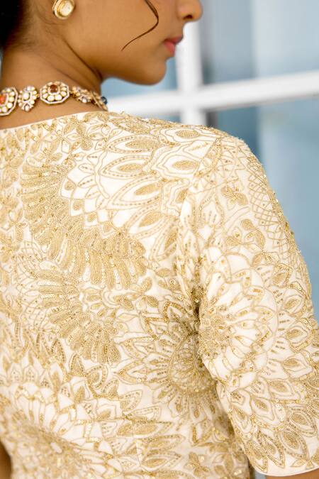 Buy_SHASHA GABA_Gold Tissue, Net Embroidery V-neck Ivory Kurta With Sharara 