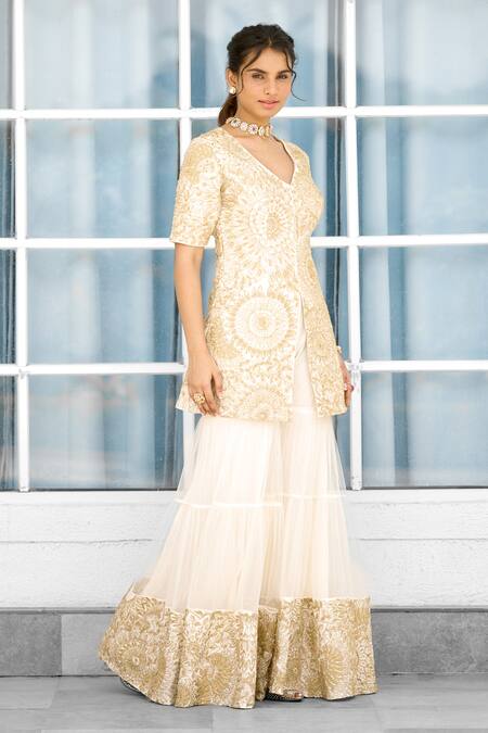 Shop_SHASHA GABA_Gold Tissue, Net Embroidery V-neck Ivory Kurta With Sharara 