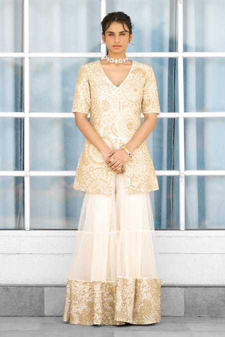 SHASHA GABA Gold Tissue, Net Embroidery V-neck Ivory Kurta With Sharara