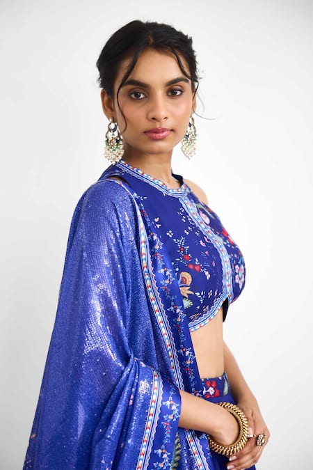 SHASHA GABA_Blue Chanderi Tassels Round Neck Peacock Garden Printed Lehenga Set _Online_at_Aza_Fashions