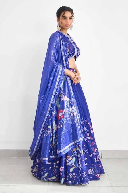 Buy_SHASHA GABA_Blue Chanderi Tassels Round Neck Peacock Garden Printed Lehenga Set _Online_at_Aza_Fashions