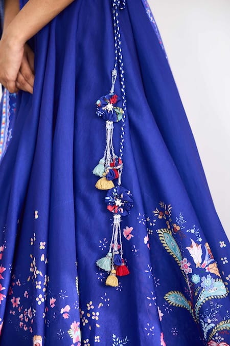 Shop_SHASHA GABA_Blue Chanderi Tassels Round Neck Peacock Garden Printed Lehenga Set _Online_at_Aza_Fashions
