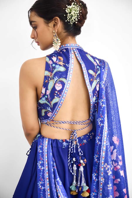 SHASHA GABA_Blue Chanderi Tassels Round Neck Peacock Garden Printed Lehenga Set _at_Aza_Fashions