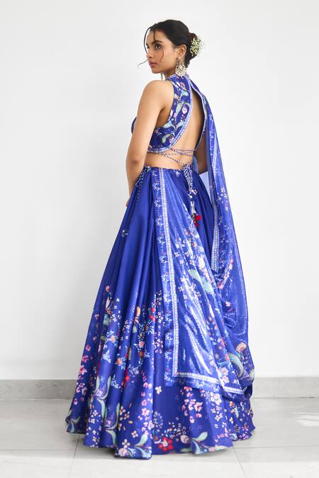 Shop_SHASHA GABA_Blue Chanderi Tassels Round Neck Peacock Garden Printed Lehenga Set 