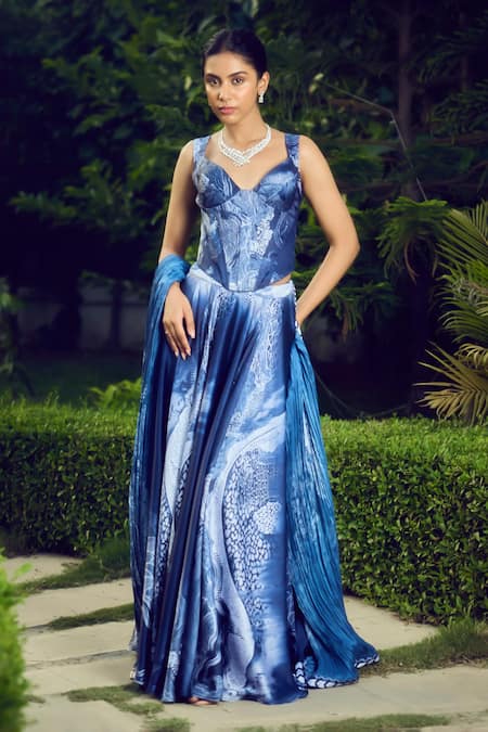 SHASHA GABA Blue Satin, Silk Sequins Sweetheart Neck Swirl Corset Lehenga Set  