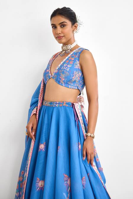 SHASHA GABA Blue Chanderi Tassels, Sequins, Embroidery V-neck Printed Lehenga Set Online at Aza Fashions SHASHA GABA_Blue Chanderi Tassels, Sequins, Embroidery V-neck Printed Lehenga Set _Online_at_Aza_Fashions