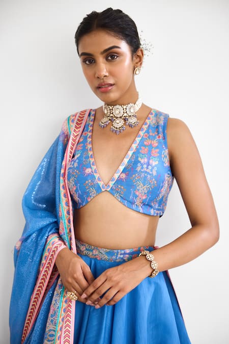 Buy SHASHA GABA Blue Chanderi Tassels, Sequins, Embroidery V-neck Printed Lehenga Set Online at Aza Fashions Buy_SHASHA GABA_Blue Chanderi Tassels, Sequins, Embroidery V-neck Printed Lehenga Set _Online_at_Aza_Fashions