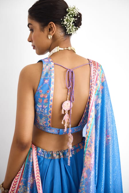Shop SHASHA GABA Blue Chanderi Tassels, Sequins, Embroidery V-neck Printed Lehenga Set Online at Aza Fashions Shop_SHASHA GABA_Blue Chanderi Tassels, Sequins, Embroidery V-neck Printed Lehenga Set _Online_at_Aza_Fashions