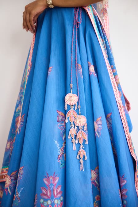SHASHA GABA Blue Chanderi Tassels, Sequins, Embroidery V-neck Printed Lehenga Set at Aza Fashions SHASHA GABA_Blue Chanderi Tassels, Sequins, Embroidery V-neck Printed Lehenga Set _at_Aza_Fashions
