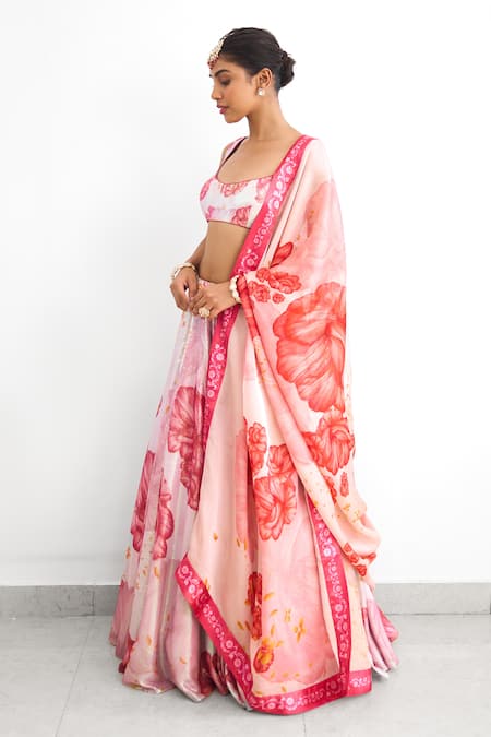 SHASHA GABA_Pink Georgette Sequins Square Neck Blush Bloom Lehenga Set _Online_at_Aza_Fashions