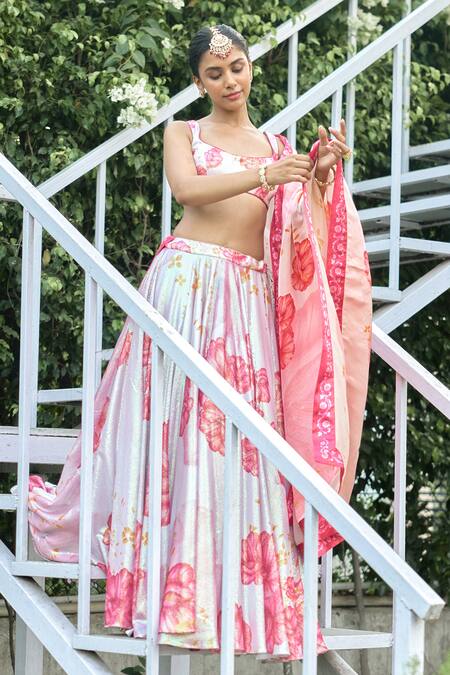 SHASHA GABA_Pink Georgette Sequins Square Neck Blush Bloom Lehenga Set _at_Aza_Fashions