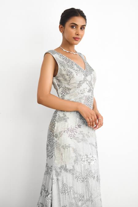 Shop_SHASHA GABA_Green Crepe Beads V-neck Embroidered Floor Length Gown _Online_at_Aza_Fashions