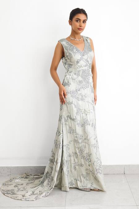 Shop_SHASHA GABA_Green Crepe Beads V-neck Embroidered Floor Length Gown 