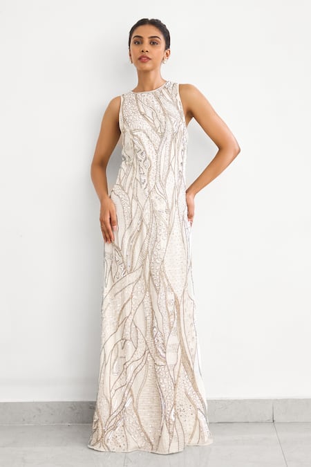 Buy_SHASHA GABA_Ivory Crepe Sequins, Beads Round Neck Embroidered Floor Length Gown _Online_at_Aza_Fashions