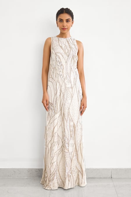 SHASHA GABA_Ivory Crepe Sequins, Beads Round Neck Embroidered Floor Length Gown _at_Aza_Fashions