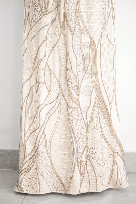 Buy_SHASHA GABA_Ivory Crepe Sequins, Beads Round Neck Embroidered Floor Length Gown 