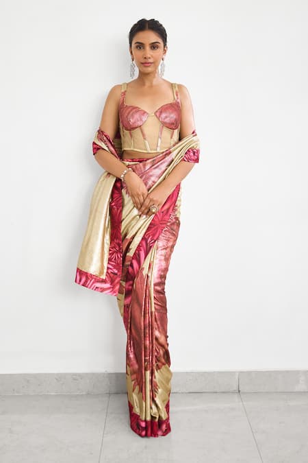 SHASHA GABA_Gold Georgette Sequins Sweetheart Neck Saree And Corset Set _Online_at_Aza_Fashions