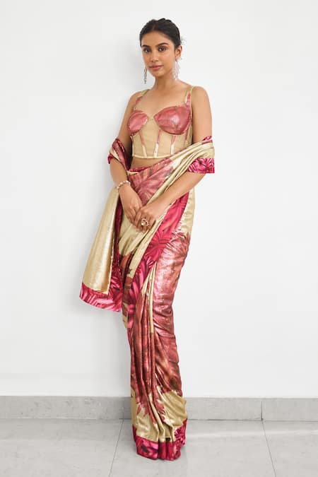 Buy_SHASHA GABA_Gold Georgette Sequins Sweetheart Neck Saree And Corset Set _Online_at_Aza_Fashions