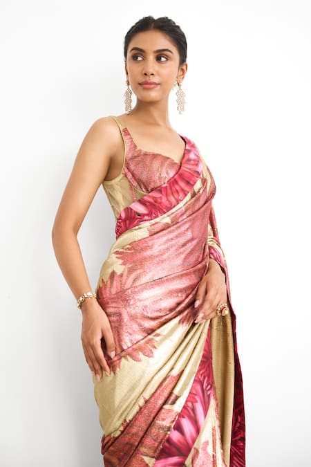 SHASHA GABA_Gold Georgette Sequins Sweetheart Neck Saree And Corset Set _at_Aza_Fashions