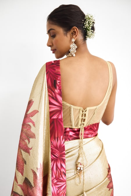 Buy_SHASHA GABA_Gold Georgette Sequins Sweetheart Neck Saree And Corset Set 