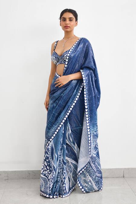 Shop_SHASHA GABA_Blue Georgette Sequins Sweetheart Neck Swirl Sequence Saree Set _Online_at_Aza_Fashions