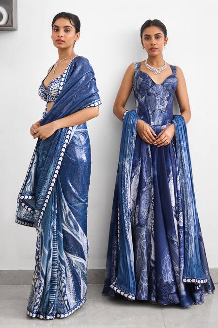 Shop_SHASHA GABA_Blue Georgette Sequins Sweetheart Neck Swirl Sequence Saree Set 