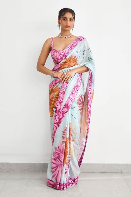 SHASHA GABA_Blue Georgette Sequins Sweetheart Neck Bright Flower Saree Set _Online_at_Aza_Fashions