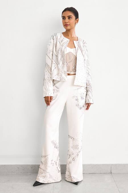SHASHA GABA_Ivory Crepe Beads, Embroidery Round Neck, Sweetheart Aurora Jacket Pant Set _Online_at_Aza_Fashions