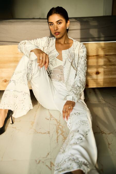 Buy_SHASHA GABA_Ivory Crepe Beads, Embroidery Round Neck, Sweetheart Aurora Jacket Pant Set _Online_at_Aza_Fashions