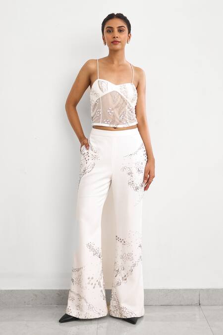 Shop_SHASHA GABA_Ivory Crepe Beads, Embroidery Round Neck, Sweetheart Aurora Jacket Pant Set _Online_at_Aza_Fashions