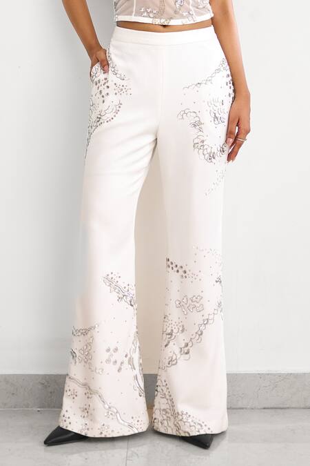 SHASHA GABA_Ivory Crepe Beads, Embroidery Round Neck, Sweetheart Aurora Jacket Pant Set _at_Aza_Fashions