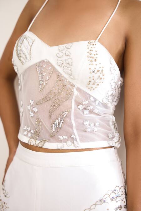 Buy_SHASHA GABA_Ivory Crepe Beads, Embroidery Round Neck, Sweetheart Aurora Jacket Pant Set 