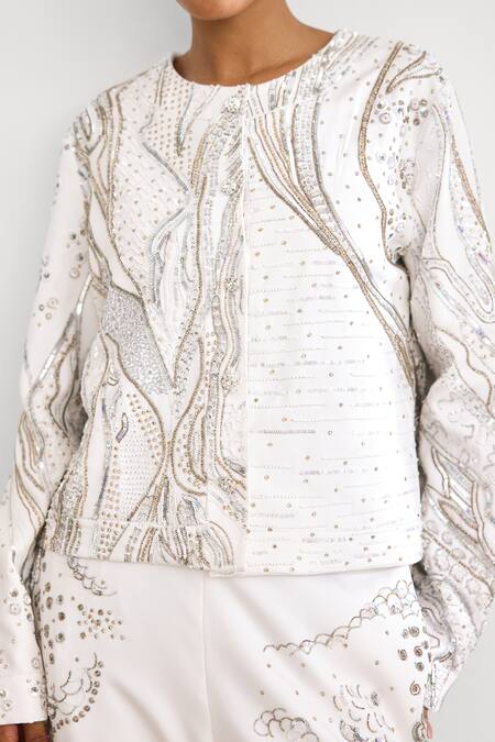 Shop_SHASHA GABA_Ivory Crepe Beads, Embroidery Round Neck, Sweetheart Aurora Jacket Pant Set 