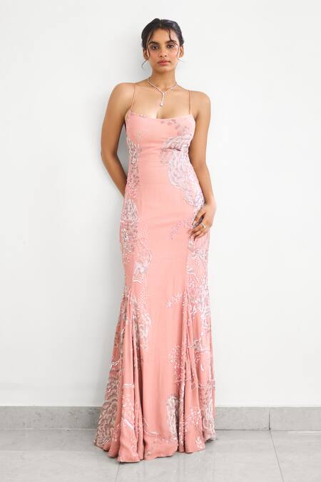SHASHA GABA Pink Crepe Sequins, Embroidery Square Neck Cami Gown Online at Aza Fashions SHASHA GABA_Pink Crepe Sequins, Embroidery Square Neck Cami Gown _Online_at_Aza_Fashions