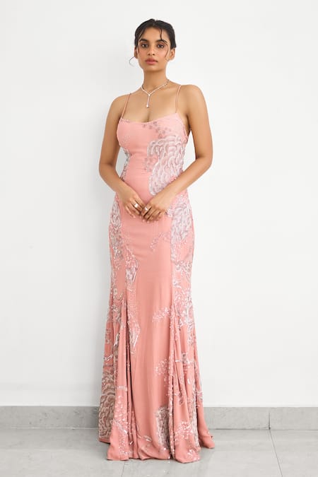 SHASHA GABA Pink Crepe Sequins, Embroidery Square Neck Cami Gown 