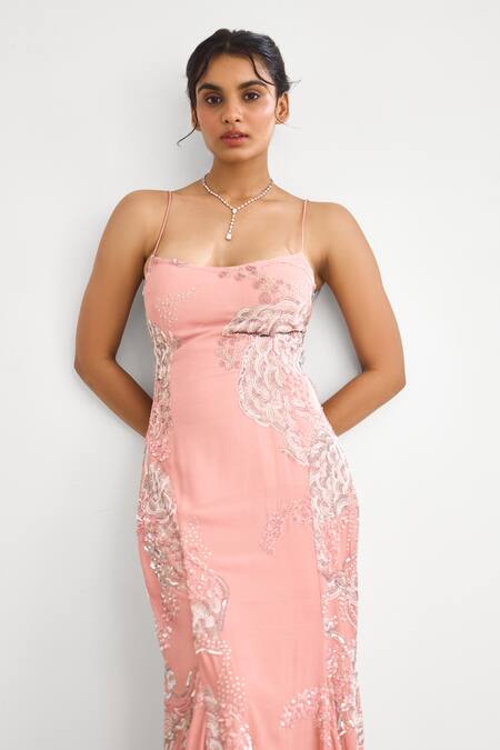 Shop SHASHA GABA Pink Crepe Sequins, Embroidery Square Neck Cami Gown Online at Aza Fashions Shop_SHASHA GABA_Pink Crepe Sequins, Embroidery Square Neck Cami Gown _Online_at_Aza_Fashions