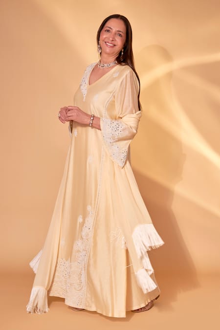 Ohaila Khan Yellow Chanderi Pearls, Crystals Round Neck Butter Hand Embroidered Kaftan Set 