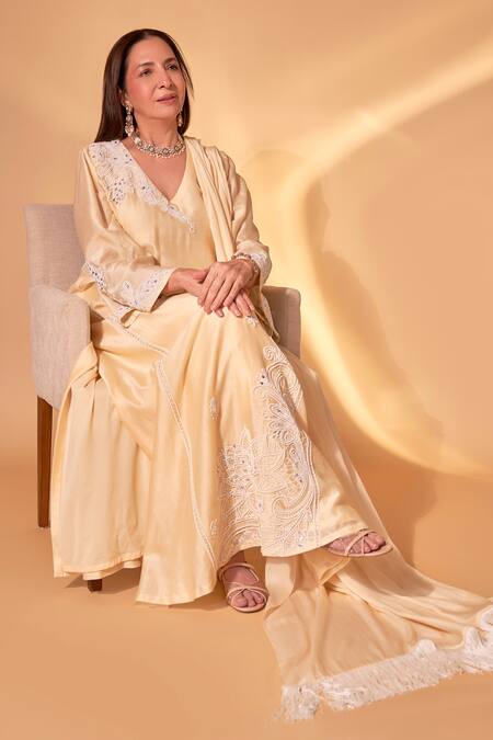 Shop_Ohaila Khan_Yellow Chanderi Pearls, Crystals Round Neck Butter Hand Embroidered Kaftan Set 