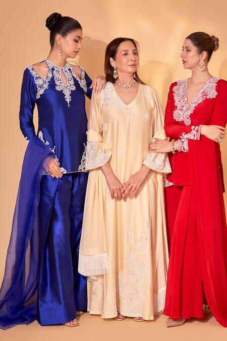 Buy_Ohaila Khan_Blue Silk Embroidery, Pearls, Crystals Round Neck Royal Hand Salwar Set _Online_at_Aza_Fashions